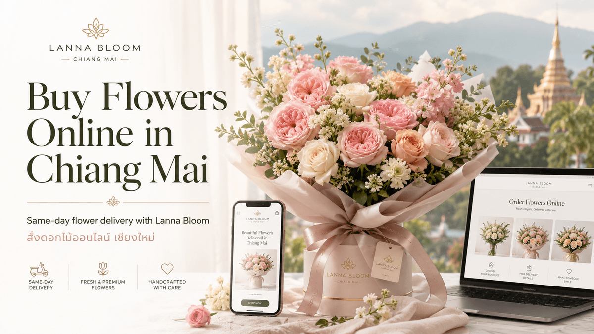 Fresh flower bouquet from Lanna Bloom with laptop for ordering flower delivery in Thailand from abroad