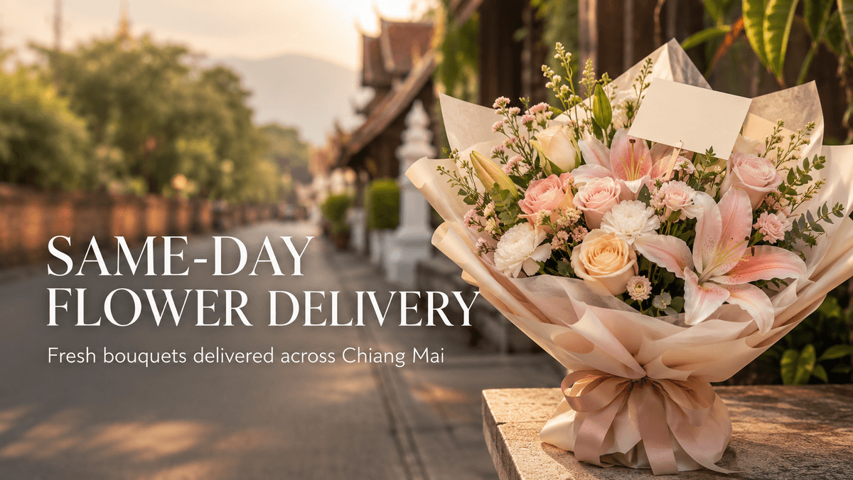 Same-day flower delivery in Chiang Mai — fresh pink and white bouquet ready for local delivery
