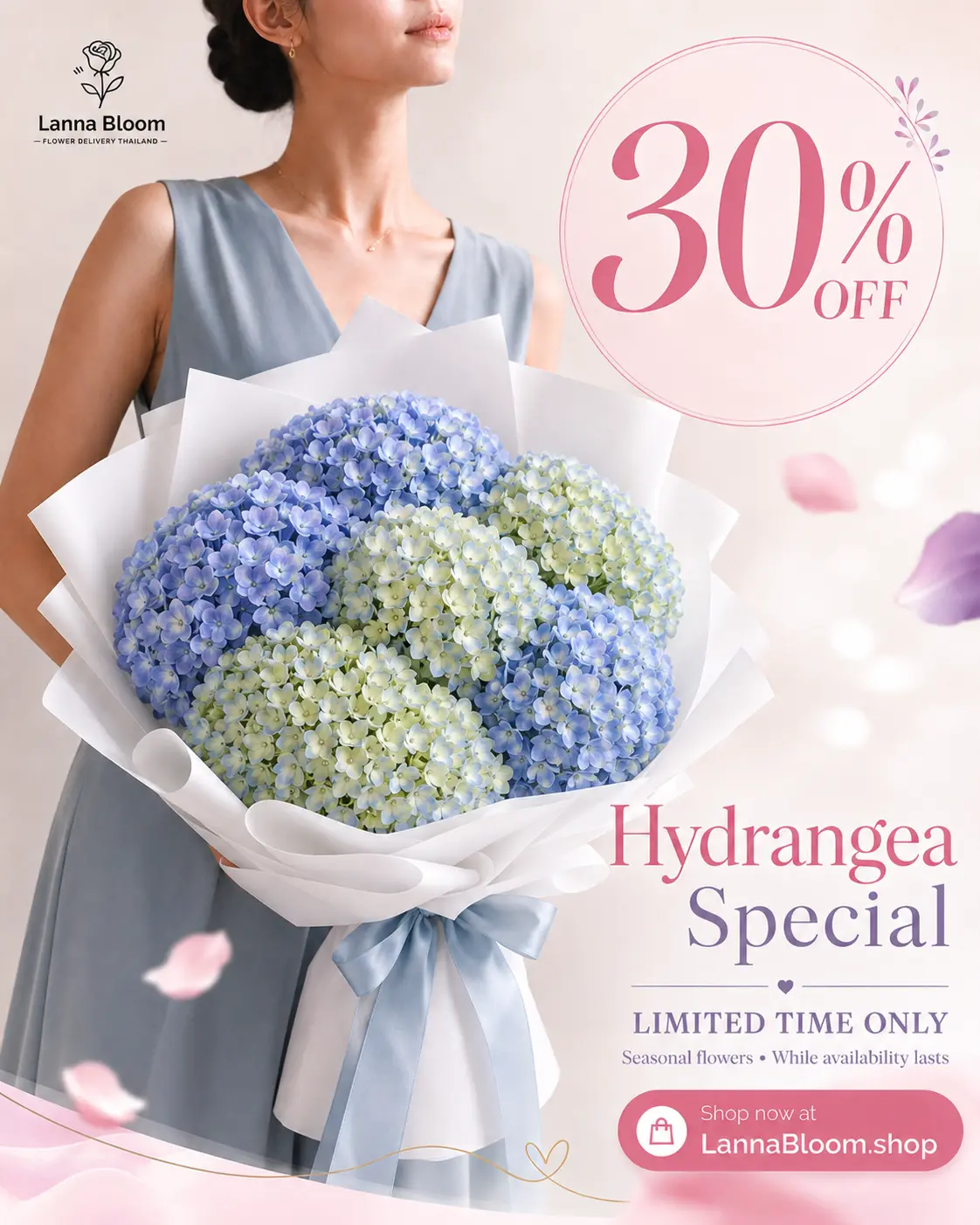 Blue hydrangea bouquet, 30 percent off. Shop hydrangeas at Lanna Bloom.