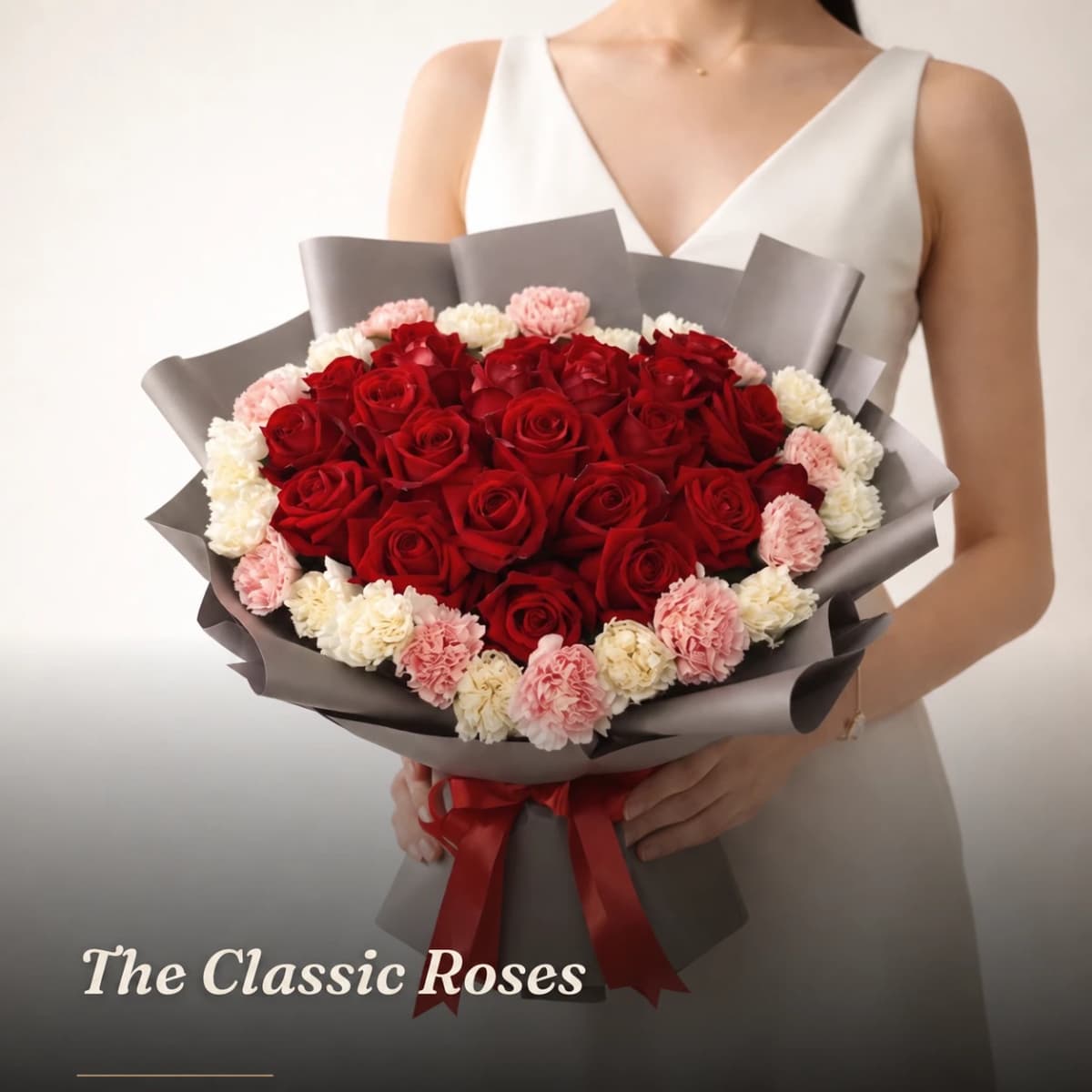 The Classic Red Roses with 9 Red Roses, 10 White Mums, 8 Pink Carnations