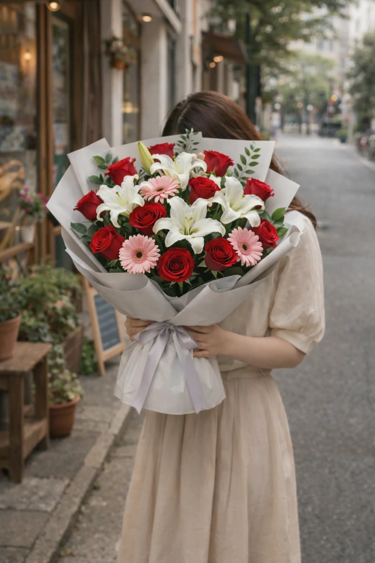 A classic and elegant mixed bouquet combining bold red, soft pink, and pure white flowers. A balanced composition that suits both formal and emotional occasions.
