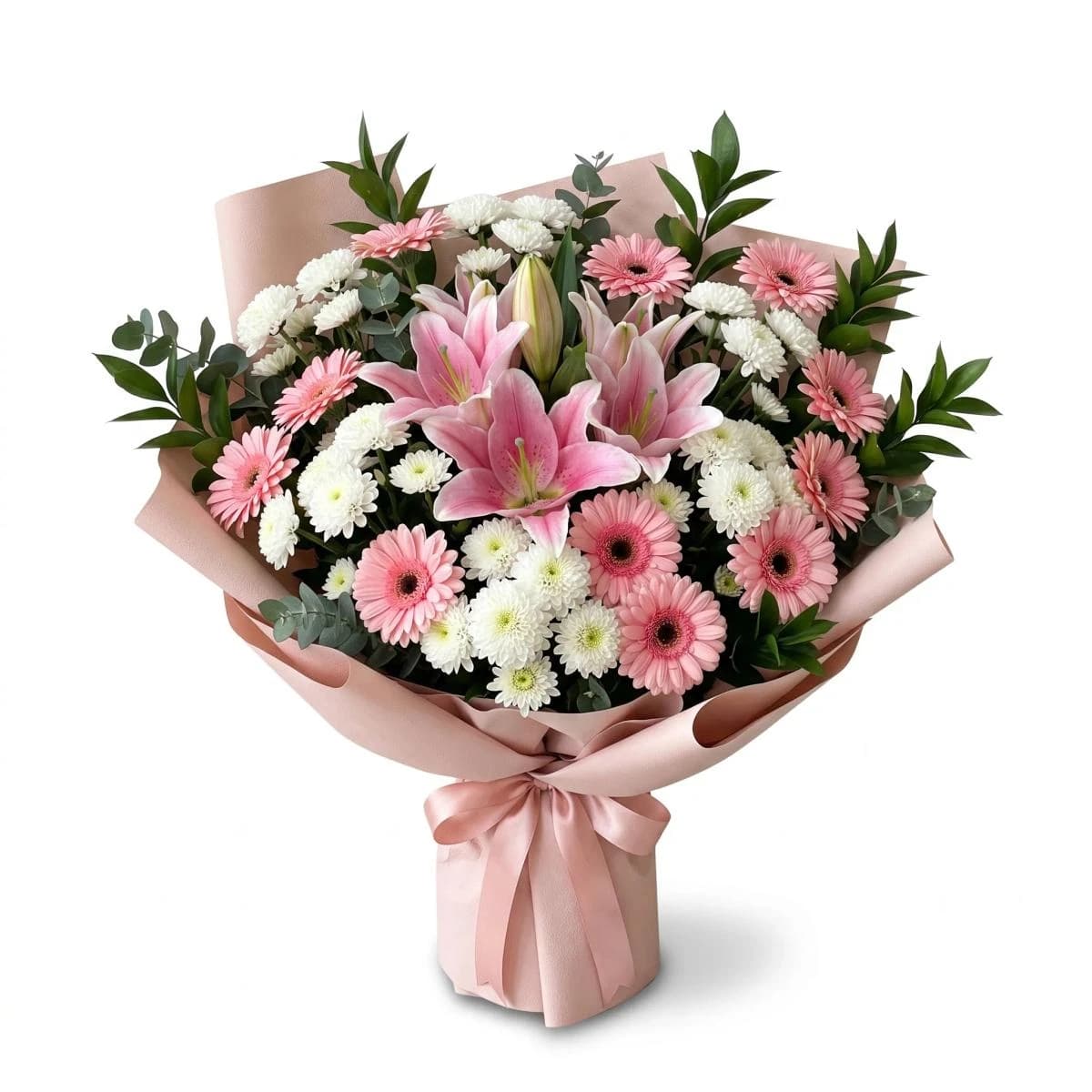 40cm flower bouquet with 3 pink lilies, 10 white mums, and 6 pink gerbera in blush pink textured wrapping, designed for Mother’s Day, baby showers, and soft pastel gifting in Chiang Mai.