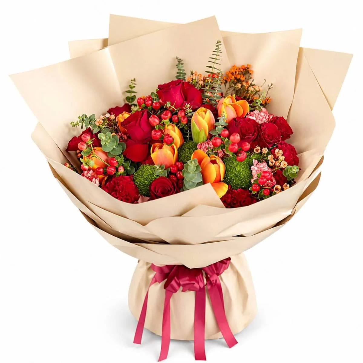 Celebrate life’s most vibrant moments with this stunning hand-tied bouquet. Featuring a sophisticated blend of deep red roses and sun-kissed orange tulips, this arrangement is accented with fresh berries and lush greenery for a textured, garden-fresh feel. Wrapped in elegant cream paper and finished with a classic burgundy ribbon, it is the perfect choice for anniversaries, birthdays, or any occasion that calls for a touch of timeless luxury and warmth.