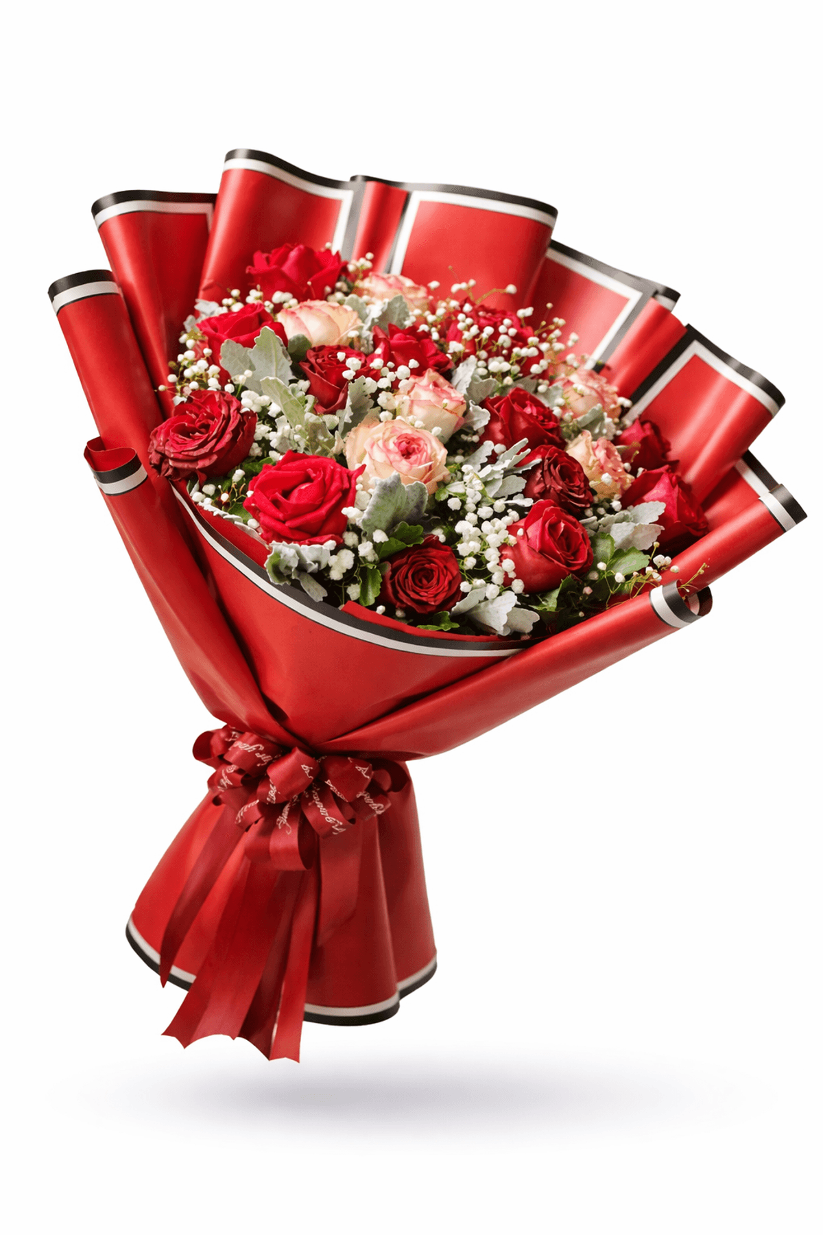 A bold and romantic rose bouquet arranged in a rounded hand-tied style. Rich, full, and beautifully textured with delicate baby’s breath and signature greenery. Perfect for anniversaries, birthdays, celebrations, or a grand romantic gesture—classic, elegant, and unforgettable.