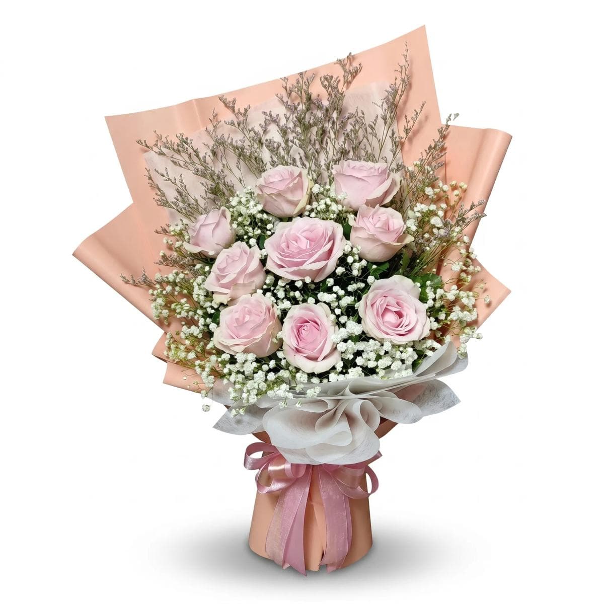 A romantic bouquet featuring fresh roses paired with delicate baby’s breath and seasonal greenery for a soft, elegant look. Wrapped with premium paper and finished with a ribbon — perfect for birthdays, anniversaries, congratulations, or a sweet “I miss you.”