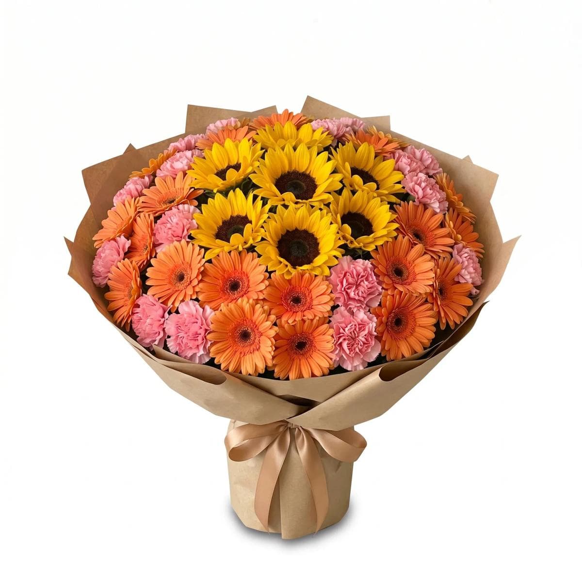 40cm flower bouquet with 5 yellow sunflowers, 6 orange gerbera, and 6 pink carnations in earthy terracotta wrapping, designed for housewarming, celebration, and cheerful gifting in Chiang Mai.