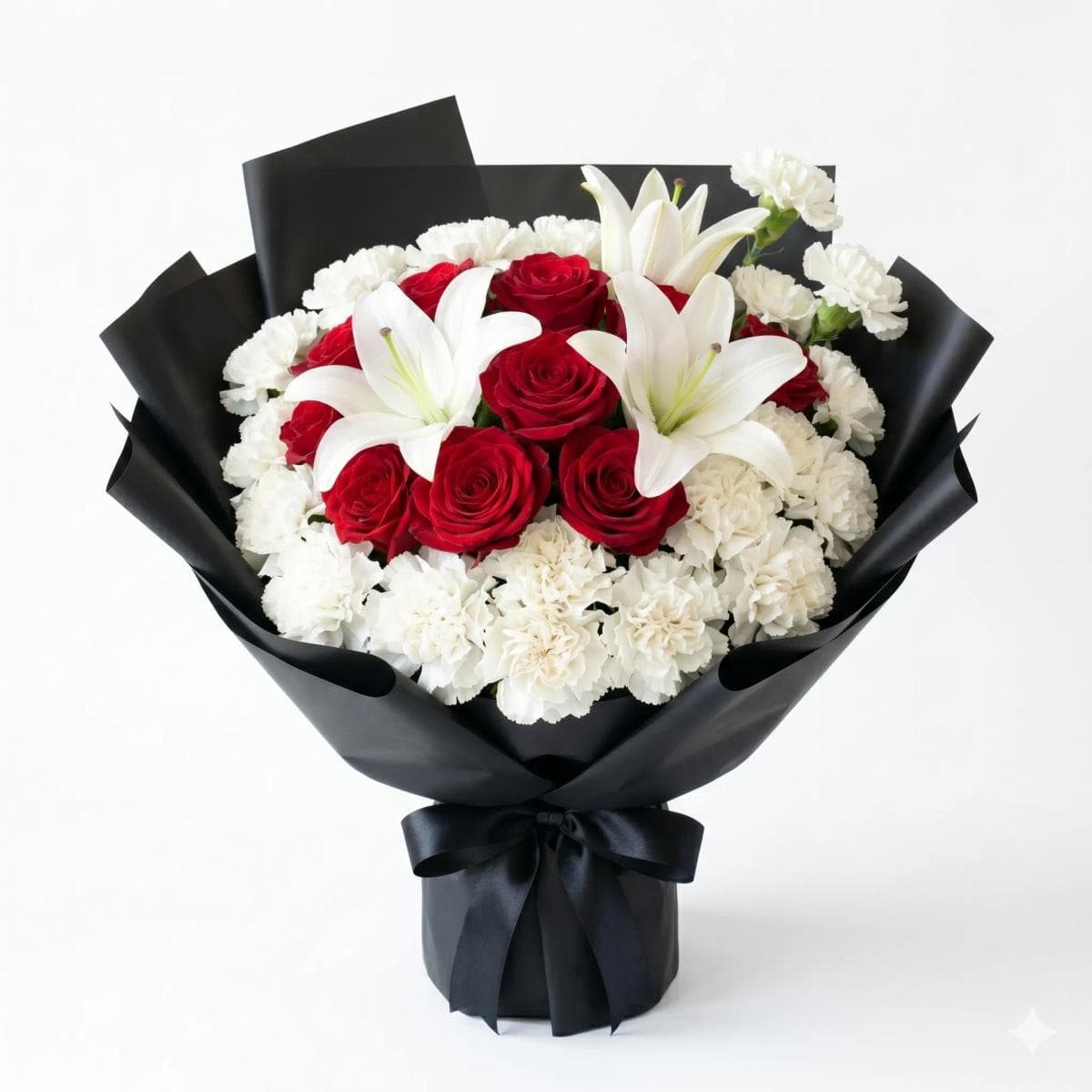 45cm flower bouquet with 9 red roses, 3 white lilies, and 12 white carnations in elegant minimalist wrapping, designed for anniversaries, apologies, and meaningful romantic gestures in Chiang Mai.