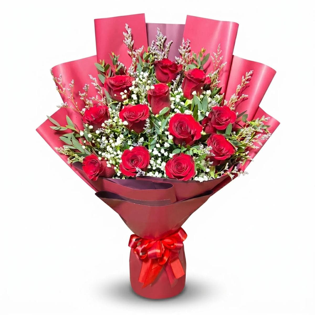 A bold, romantic rose bouquet arranged in a rounded hand-tied style. Full and eye-catching, balanced with delicate baby’s breath and fresh greenery for a soft finish. Perfect for anniversaries, birthdays, celebrations, or a powerful “I love you.” Classic, elegant, and unforgettable.