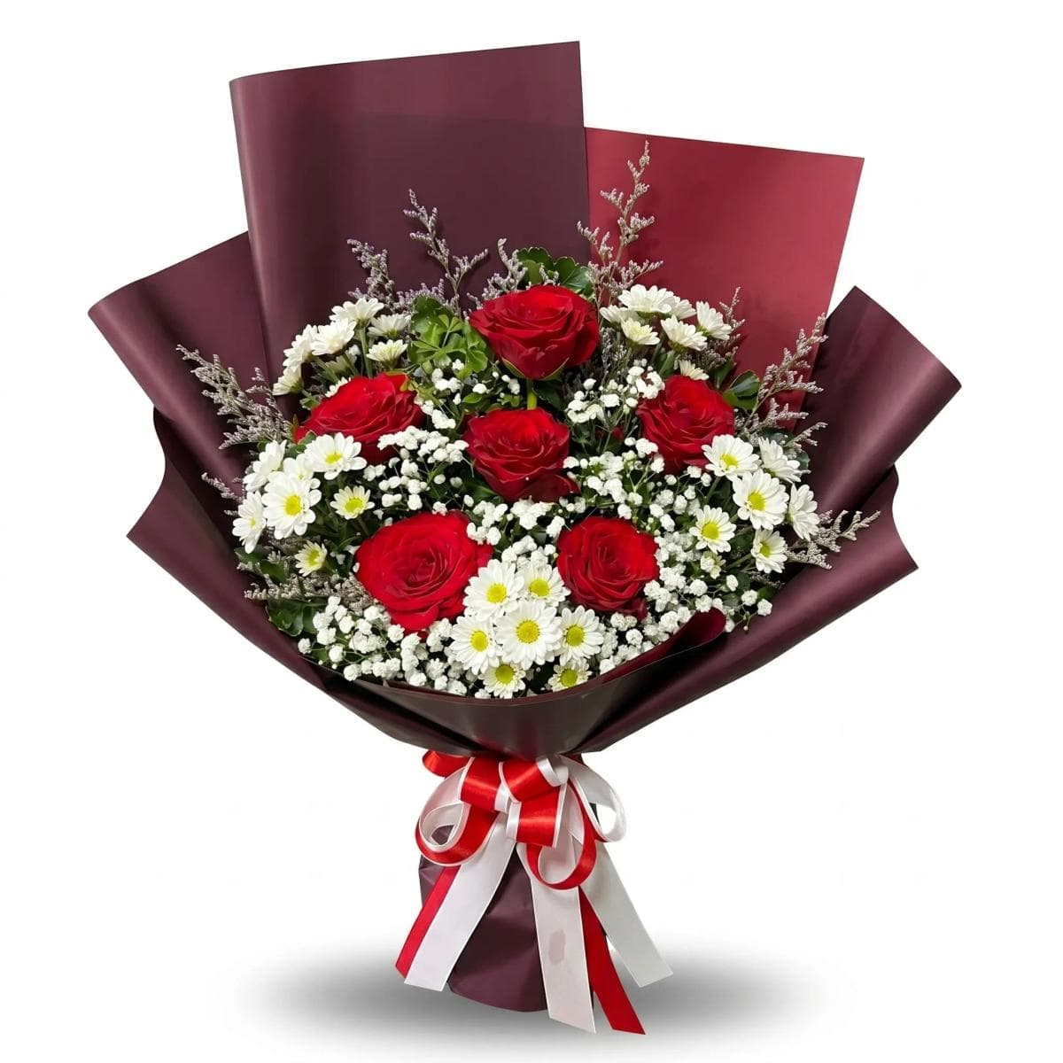 A timeless bouquet of seven roses with delicate baby’s breath, designed in a clean round shape. Perfect for anniversaries, birthdays, or a simple “I’m thinking of you.” Romantic, elegant, and always in style.