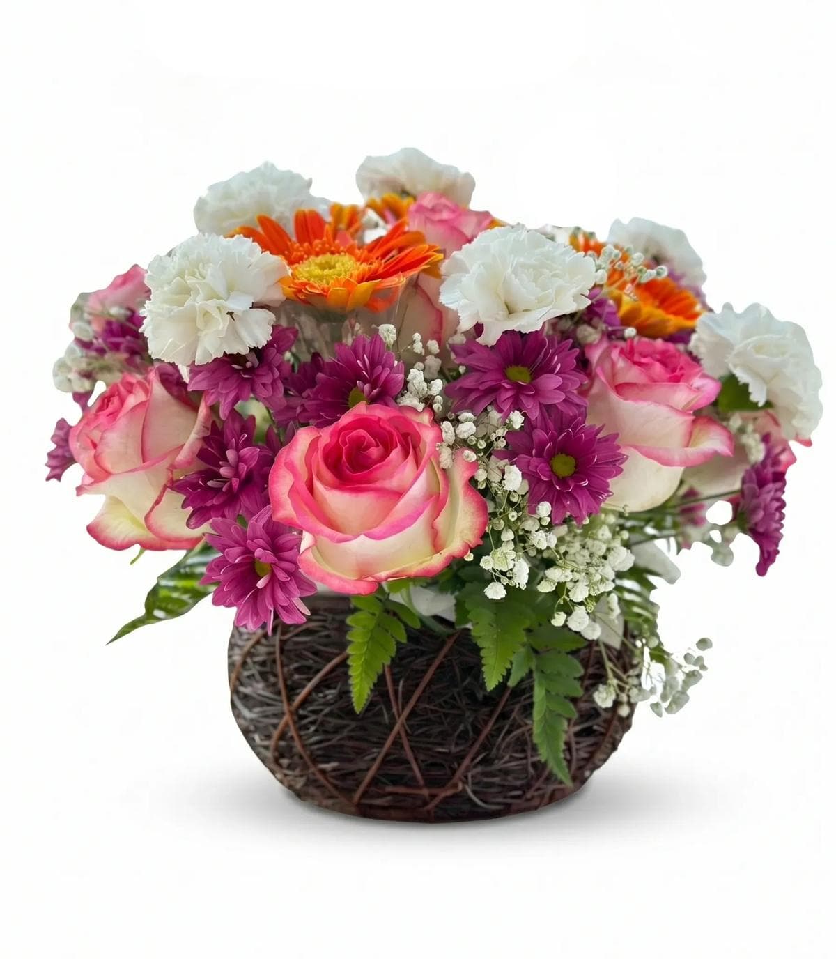 Mixed flower basket with pink roses, white carnations, purple chrysanthemums, orange gerberas, and white baby’s breath in a dark woven basket. This colorful flower basket is a good choice for birthday flowers, congratulations flowers, thank you gifts, and flower basket delivery in Chiang Mai.
Size: width 40cm, height 30cm