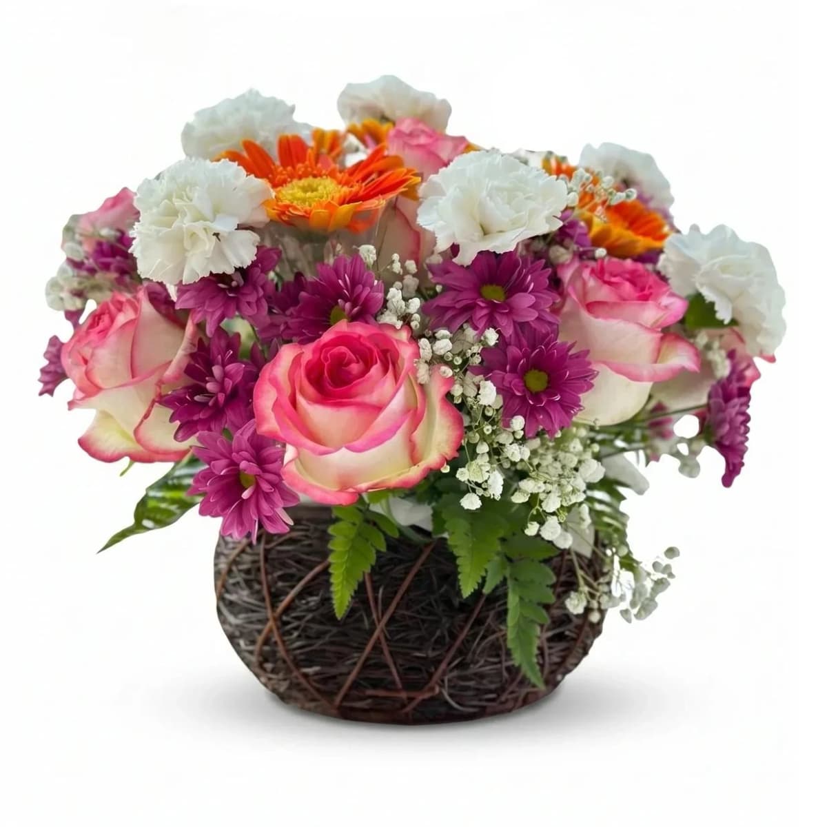 Mixed flower basket with pink roses, white carnations, purple chrysanthemums, orange gerberas, and white baby’s breath in a dark woven basket. This colorful flower basket is a good choice for birthday flowers, congratulations flowers, thank you gifts, and flower basket delivery in Chiang Mai.
Size: width 40cm, height 30cm