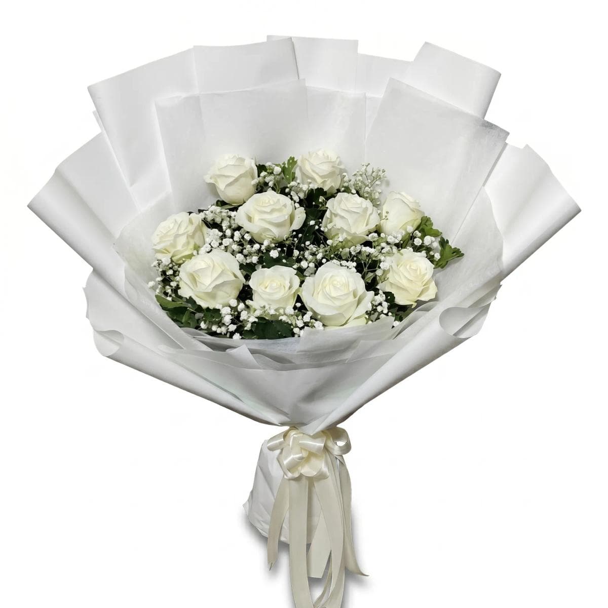 A big, premium bouquet featuring fresh roses, delicate baby’s breath, and seasonal greenery for a full, elegant look. Wrapped with quality paper and finished with a ribbon — a perfect choice for big celebrations, anniversaries, birthdays, or heartfelt congratulations.