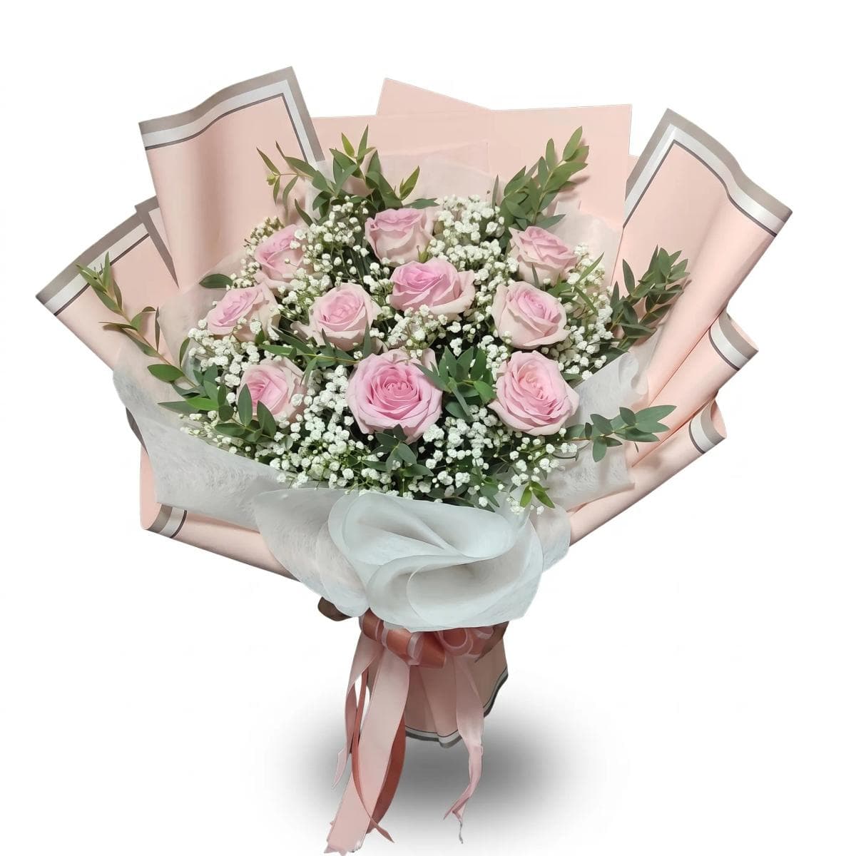 A big, premium bouquet featuring fresh roses, delicate baby’s breath, and seasonal greenery for a full, elegant look. Wrapped with quality paper and finished with a ribbon — a perfect choice for big celebrations, anniversaries, birthdays, or heartfelt congratulations.
