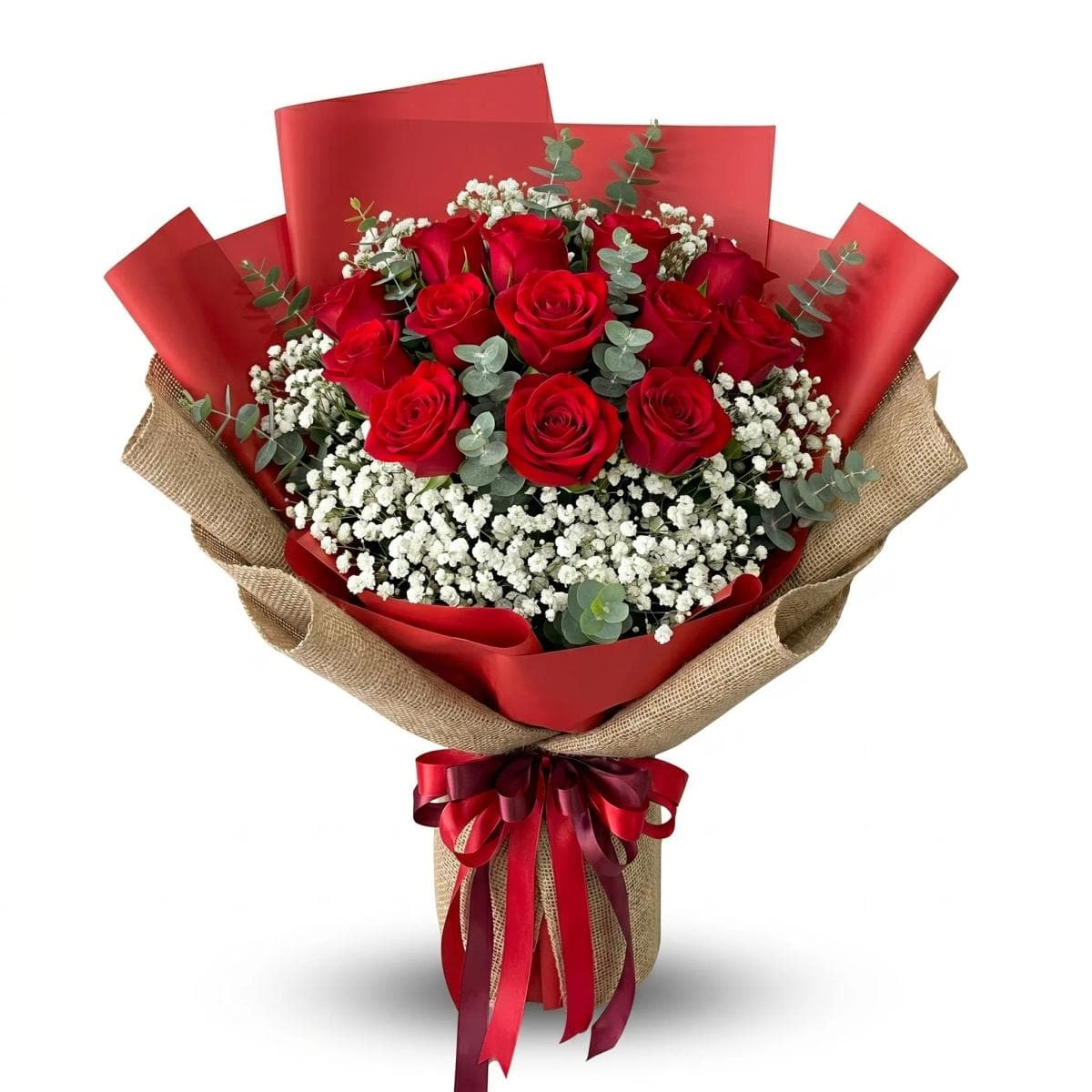 A bold and romantic rose bouquet arranged in a rounded hand-tied style. Rich, full, and beautifully textured with delicate baby’s breath and signature greenery. Perfect for anniversaries, birthdays, celebrations, or a grand romantic gesture—classic, elegant, and unforgettable.