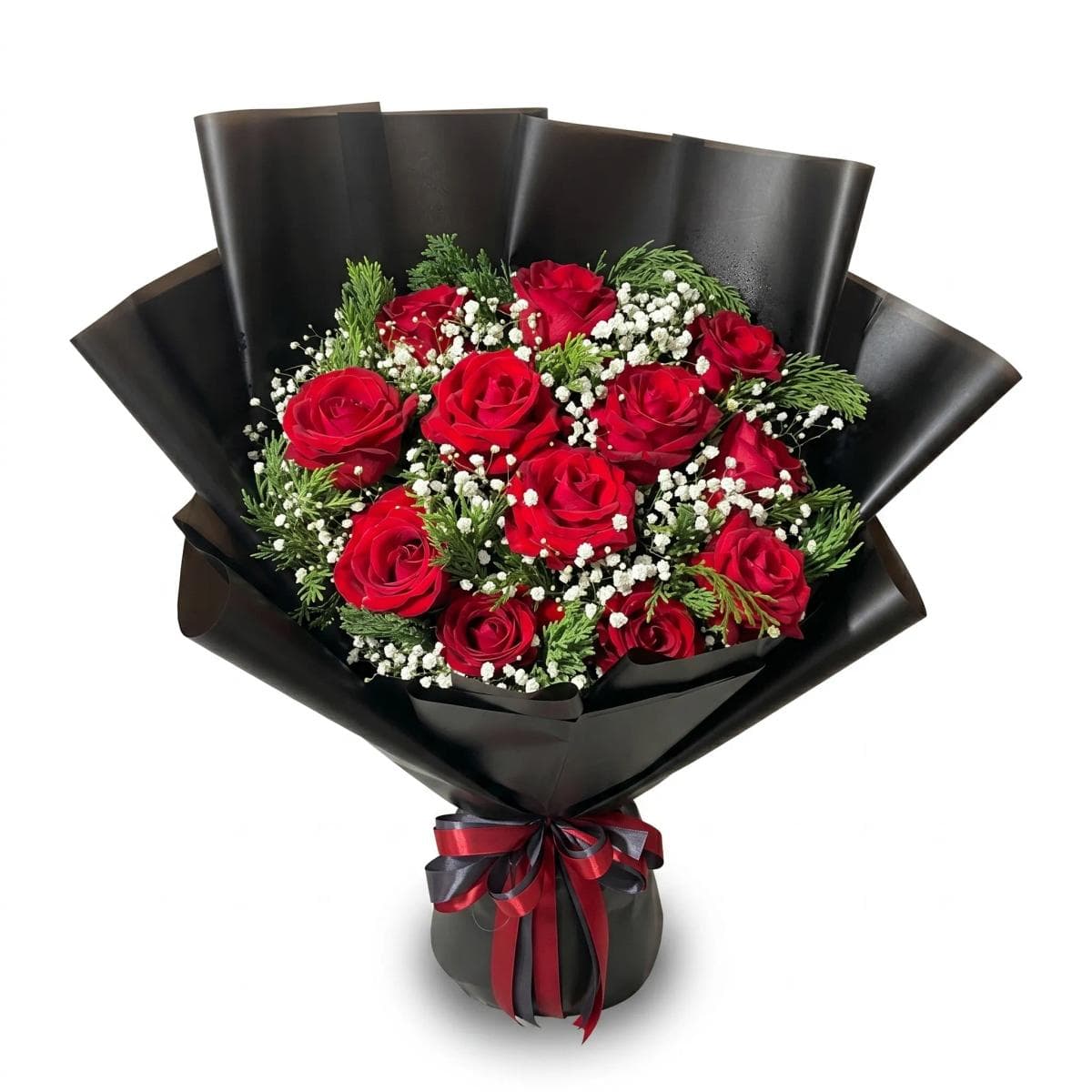 A striking rose bouquet in a rounded hand-tied style with a modern, dramatic vibe. Rich, romantic, and beautifully textured with delicate baby’s breath and fresh greenery. Perfect for anniversaries, birthdays, celebrations, or a bold “I love you.” Elegant and unforgettable.