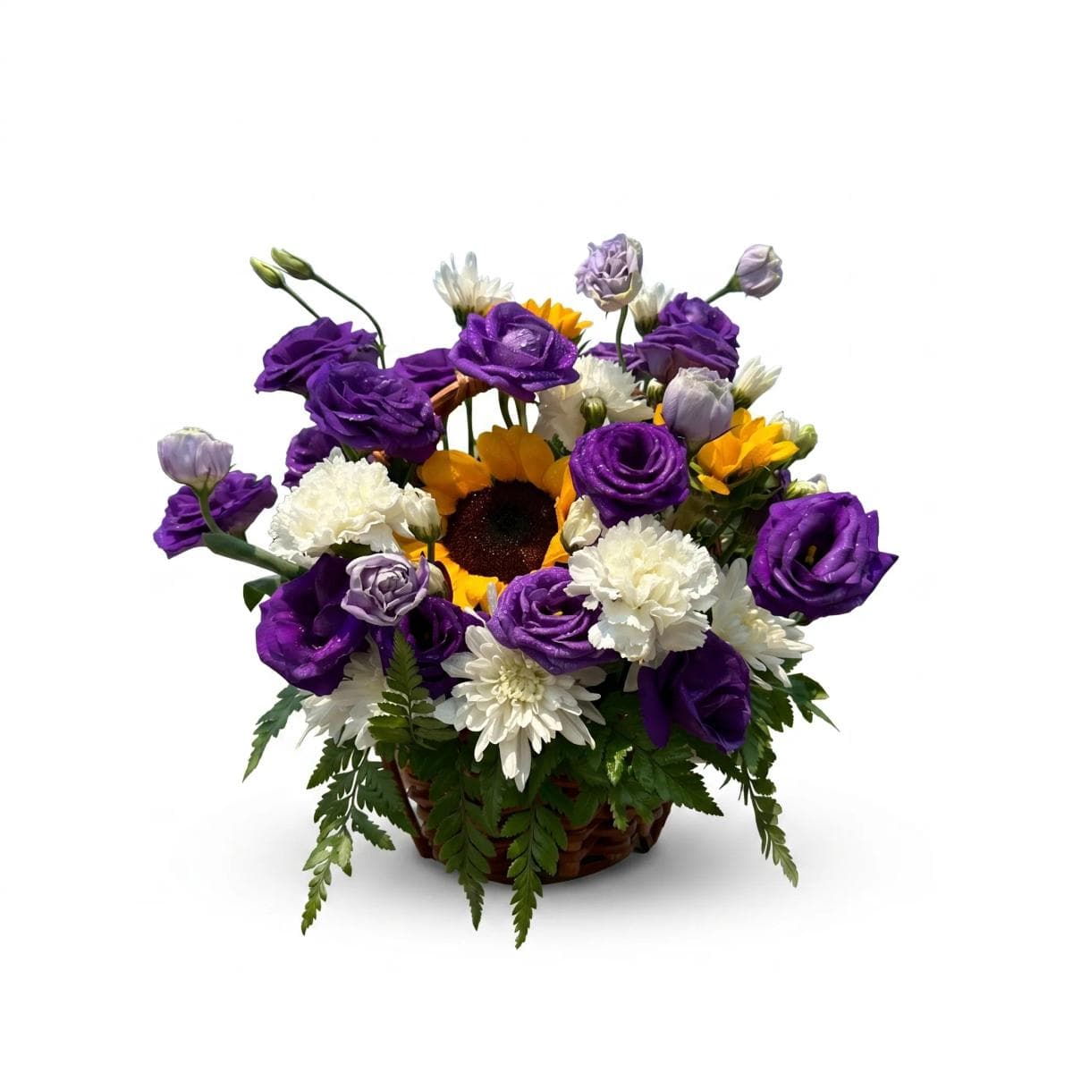Flower basket with purple lisianthus, sunflowers, white carnations, and white chrysanthemums arranged in a woven basket with fresh greenery. The strong contrast between deep purple and bright yellow makes this basket suitable for birthday gifts, congratulations, thank you flowers, and flower basket delivery in Chiang Mai.
Size: width 30cm, height 30cm