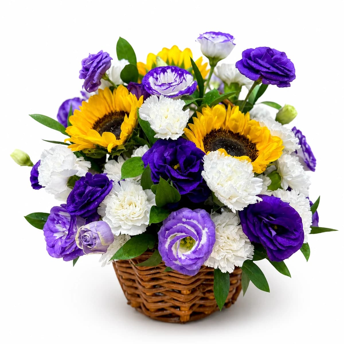 Flower basket with purple lisianthus, sunflowers, white carnations, and white chrysanthemums arranged in a woven basket with fresh greenery. The strong contrast between deep purple and bright yellow makes this basket suitable for birthday gifts, congratulations, thank you flowers, and flower basket delivery in Chiang Mai.
Size: width 30cm, height 30cm