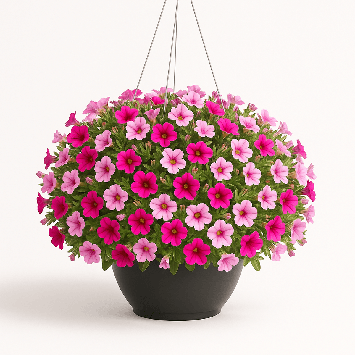 Compact bouquet of pink and purple petunias in a hanging basket.
