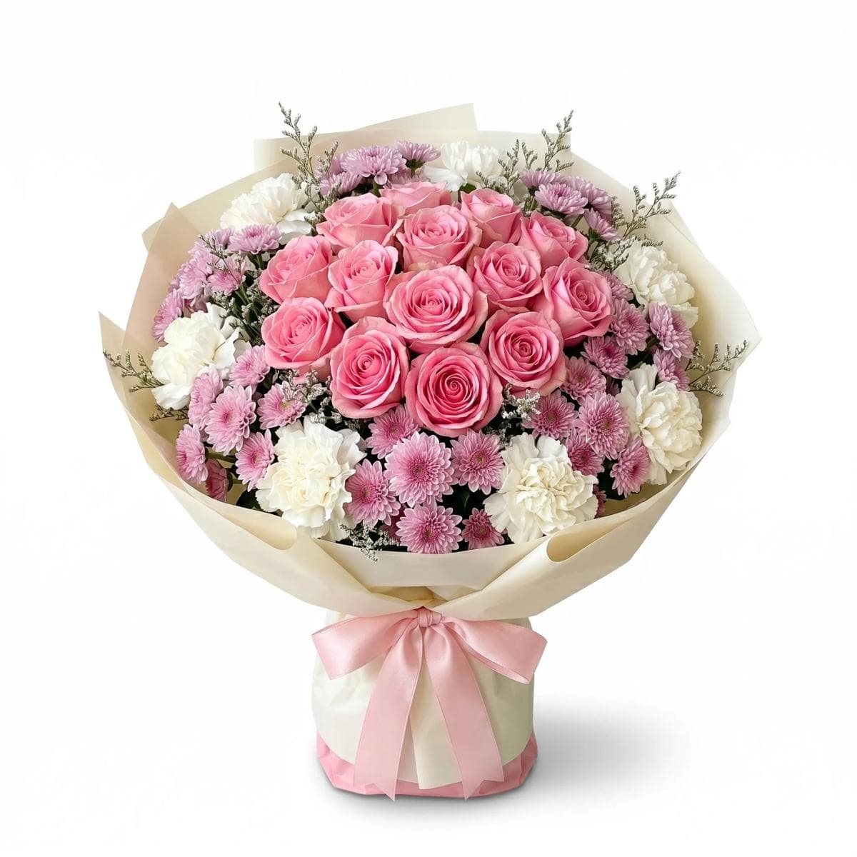 35cm flower bouquet with 7 pink roses, 6 white carnations, and 8 pink mums in soft cream matte wrapping, designed for birthdays, crushes, and sweet surprises in Chiang Mai.