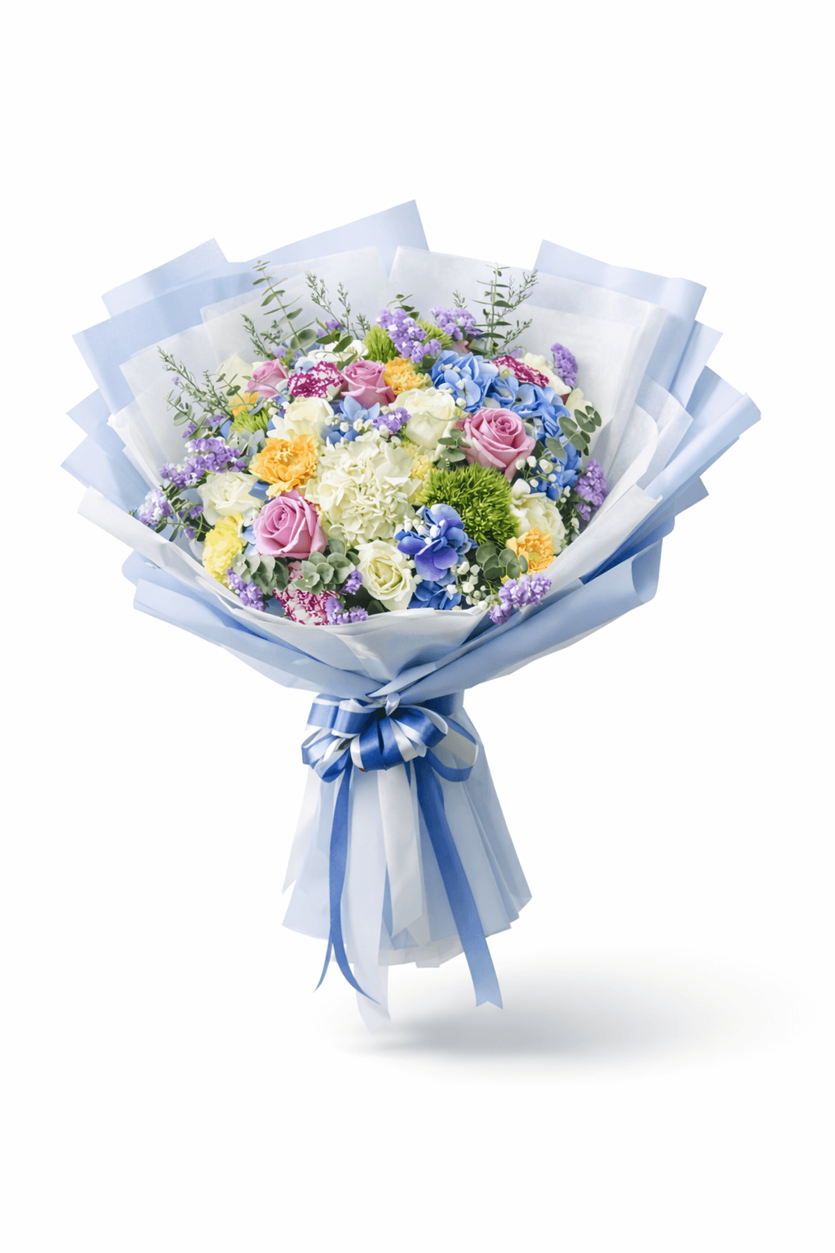 A soft pastel bouquet arranged in a full, rounded garden style with a fresh and cheerful feeling. The flowers are gently balanced to create a natural and elegant look, combining soft textures and light colors. Wrapped in light blue and white paper with a simple ribbon, the bouquet feels airy, delicate, and joyful, making it a beautiful gift to brighten someone’s day.