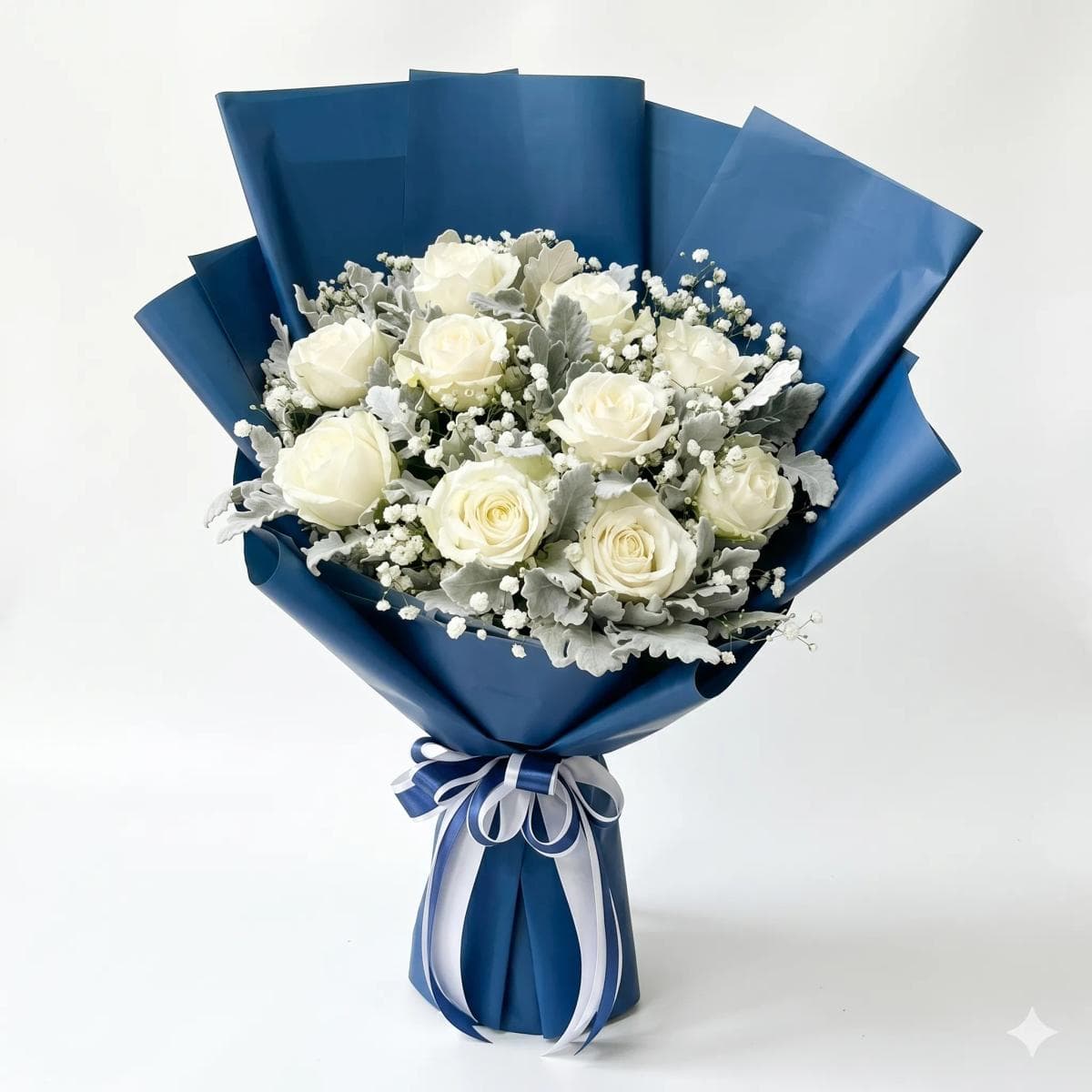 A big, premium bouquet featuring fresh roses, delicate baby’s breath, and seasonal greenery for a full, elegant look. Wrapped with quality paper and finished with a ribbon — a perfect choice for big celebrations, anniversaries, birthdays, or heartfelt congratulations.