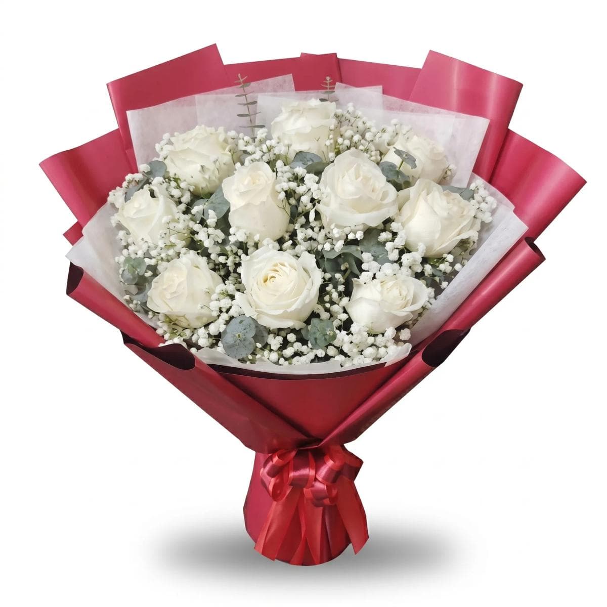 A big, premium bouquet featuring fresh roses, delicate baby’s breath, and seasonal greenery for a full, elegant look. Wrapped with quality paper and finished with a ribbon — a perfect choice for big celebrations, anniversaries, birthdays, or heartfelt congratulations.