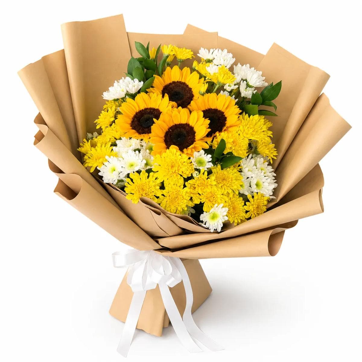 40cm flower bouquet with 5 yellow sunflowers and 15 white and yellow mums in premium natural kraft brown wrapping, designed for get well wishes, friendship, and cheerful gifting in Chiang Mai.
