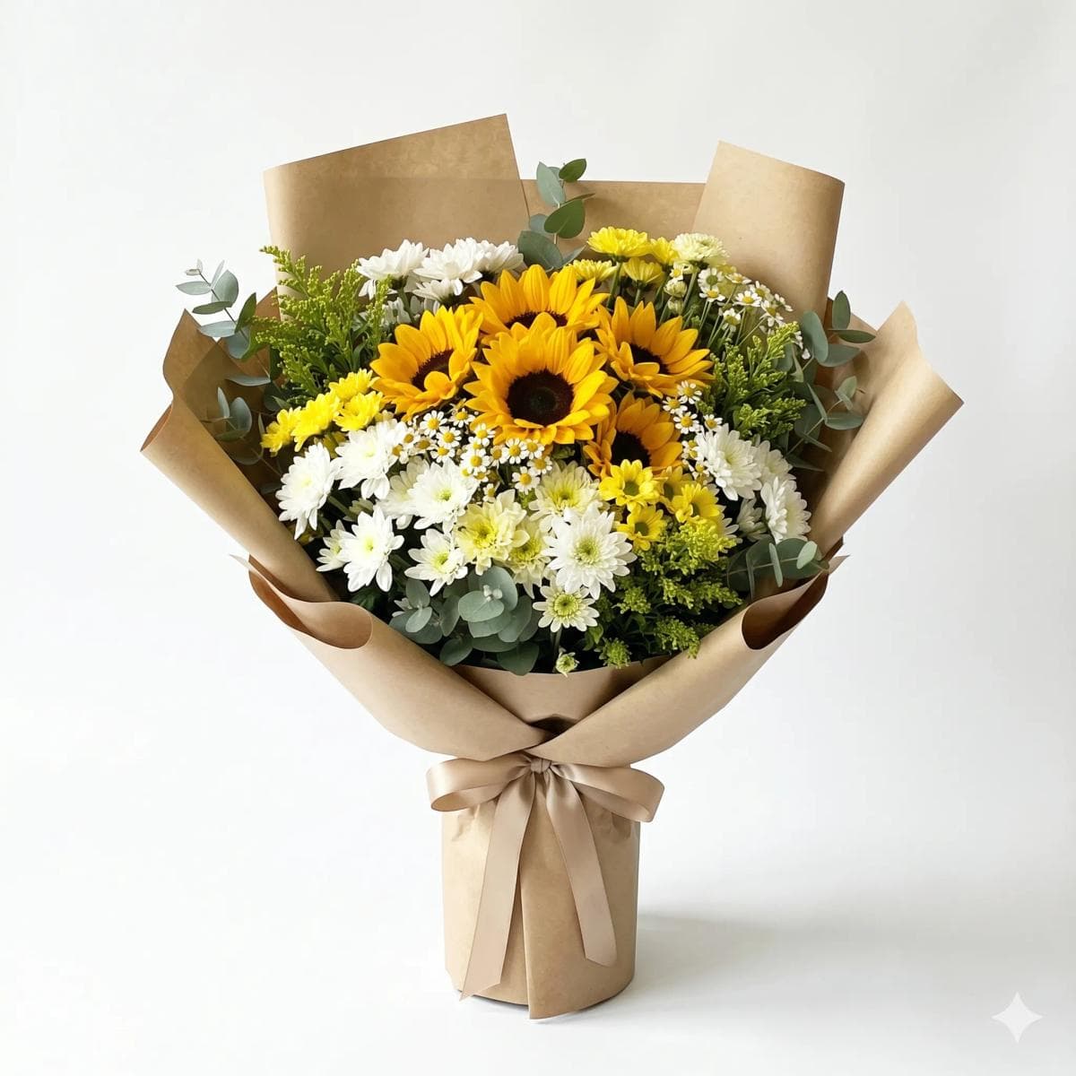 40cm flower bouquet with 5 yellow sunflowers and 15 white and yellow mums in premium natural kraft brown wrapping, designed for get well wishes, friendship, and cheerful gifting in Chiang Mai.