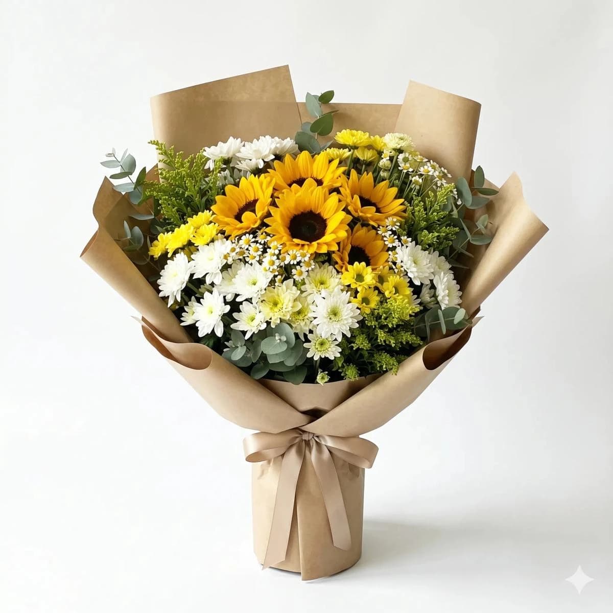 40cm flower bouquet with 5 yellow sunflowers and 15 white and yellow mums in premium natural kraft brown wrapping, designed for get well wishes, friendship, and cheerful gifting in Chiang Mai.
