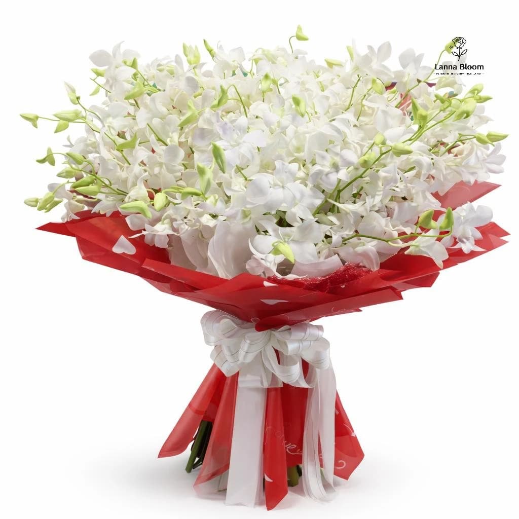 Elegant white orchid bouquet with red wrapping.