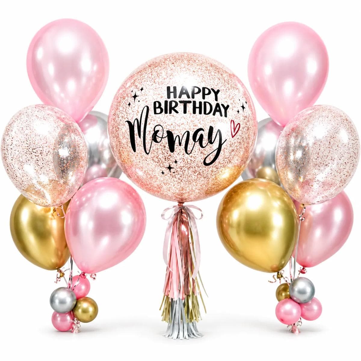 A soft and elegant congratulations balloon bouquet in blush pink, pearl white, and rose gold tones. Designed with a clear confetti bubble balloon, ribbon bow, and matching balloon cluster. Perfect for graduation, new job, promotion, opening ceremony, or any special achievement.