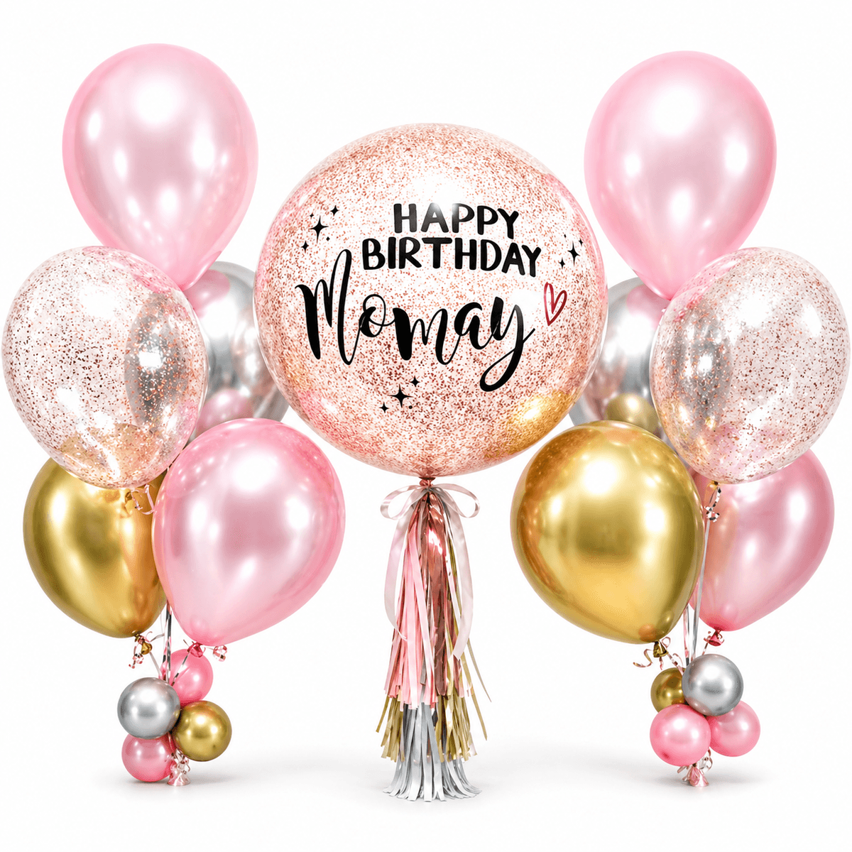 A soft and elegant congratulations balloon bouquet in blush pink, pearl white, and rose gold tones. Designed with a clear confetti bubble balloon, ribbon bow, and matching balloon cluster. Perfect for graduation, new job, promotion, opening ceremony, or any special achievement.
