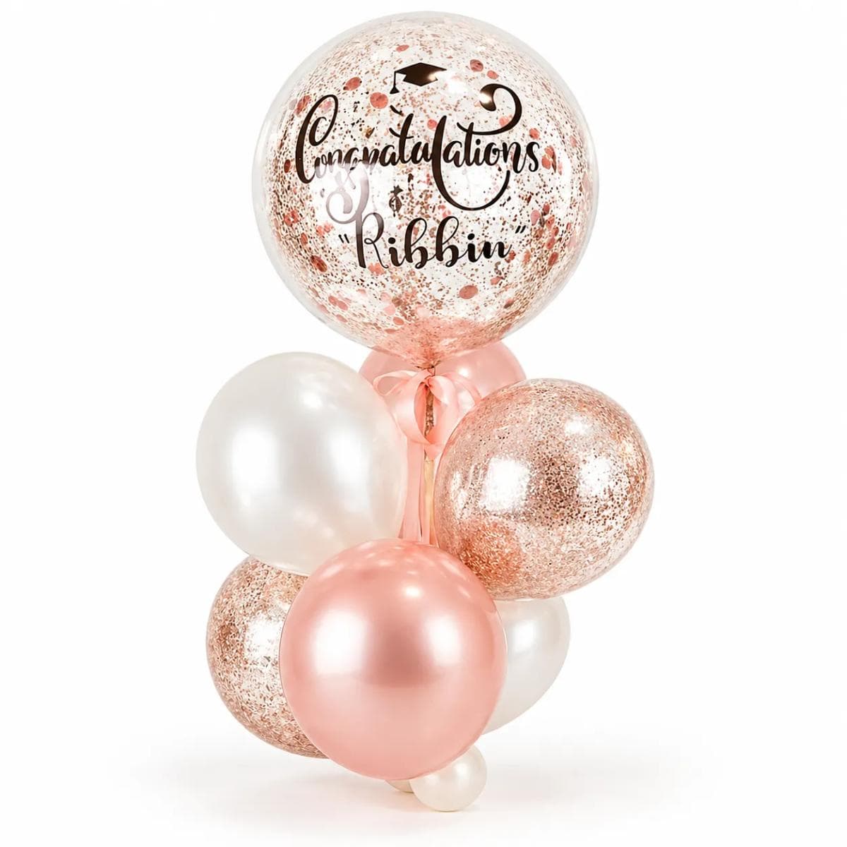 An elegant congratulations balloon bouquet in soft blush pink, pearl white, and rose gold tones. The design features a clear confetti bubble balloon with “Congratulations” lettering, rose-gold glitter balloons, pearl white balloons, and a blush pink balloon cluster. Perfect for graduation, new job celebrations, promotions, opening ceremonies, and special achievement gifts.