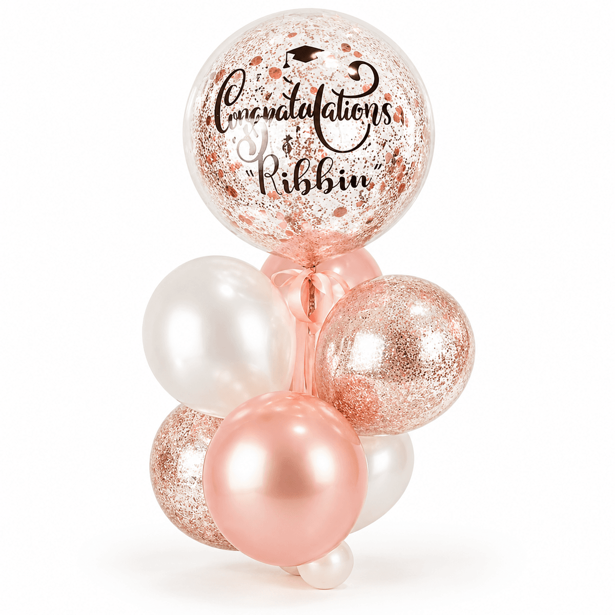 An elegant congratulations balloon bouquet in soft blush pink, pearl white, and rose gold tones. The design features a clear confetti bubble balloon with “Congratulations” lettering, rose-gold glitter balloons, pearl white balloons, and a blush pink balloon cluster. Perfect for graduation, new job celebrations, promotions, opening ceremonies, and special achievement gifts.