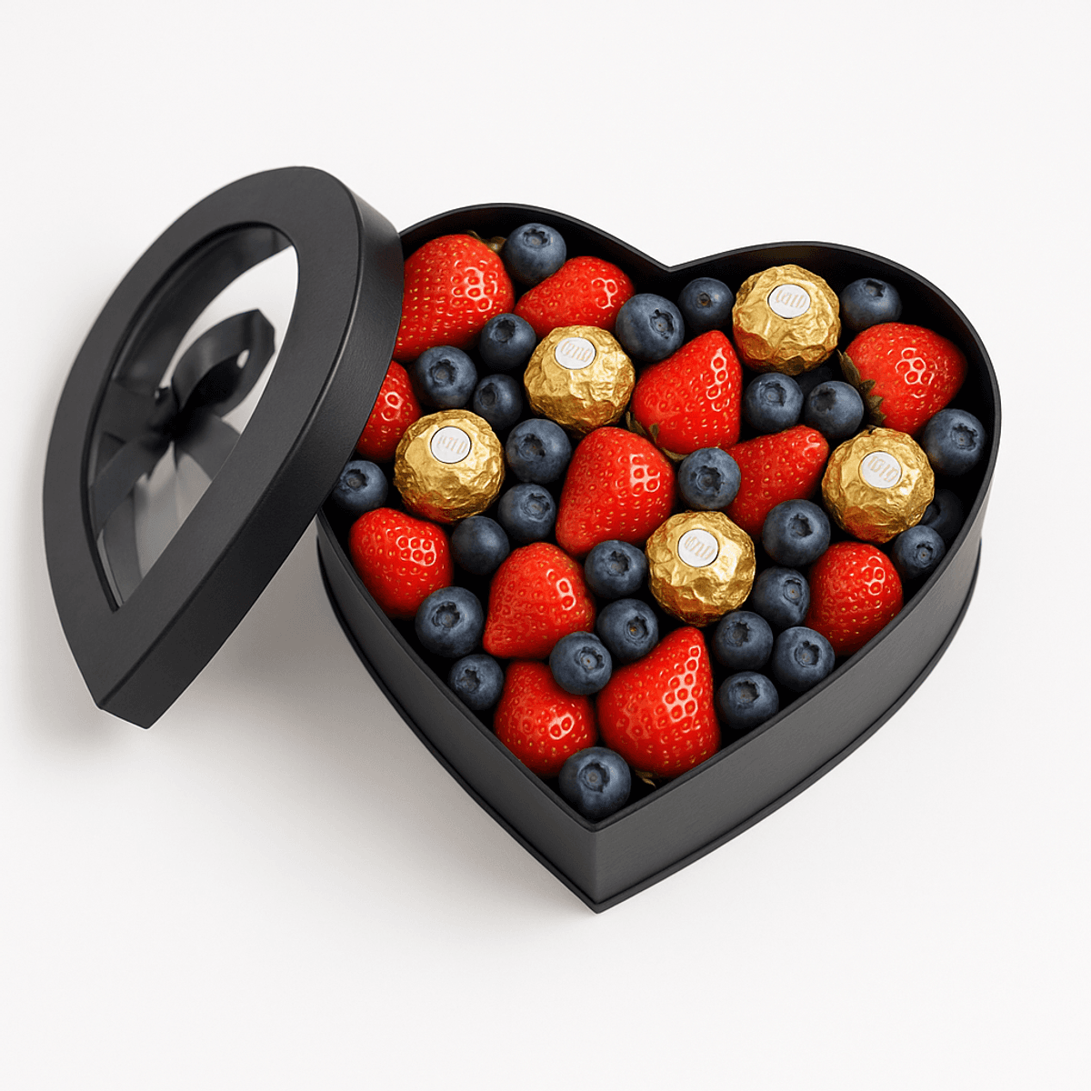 Heart-shaped box with strawberries and Ferrero chocolates.