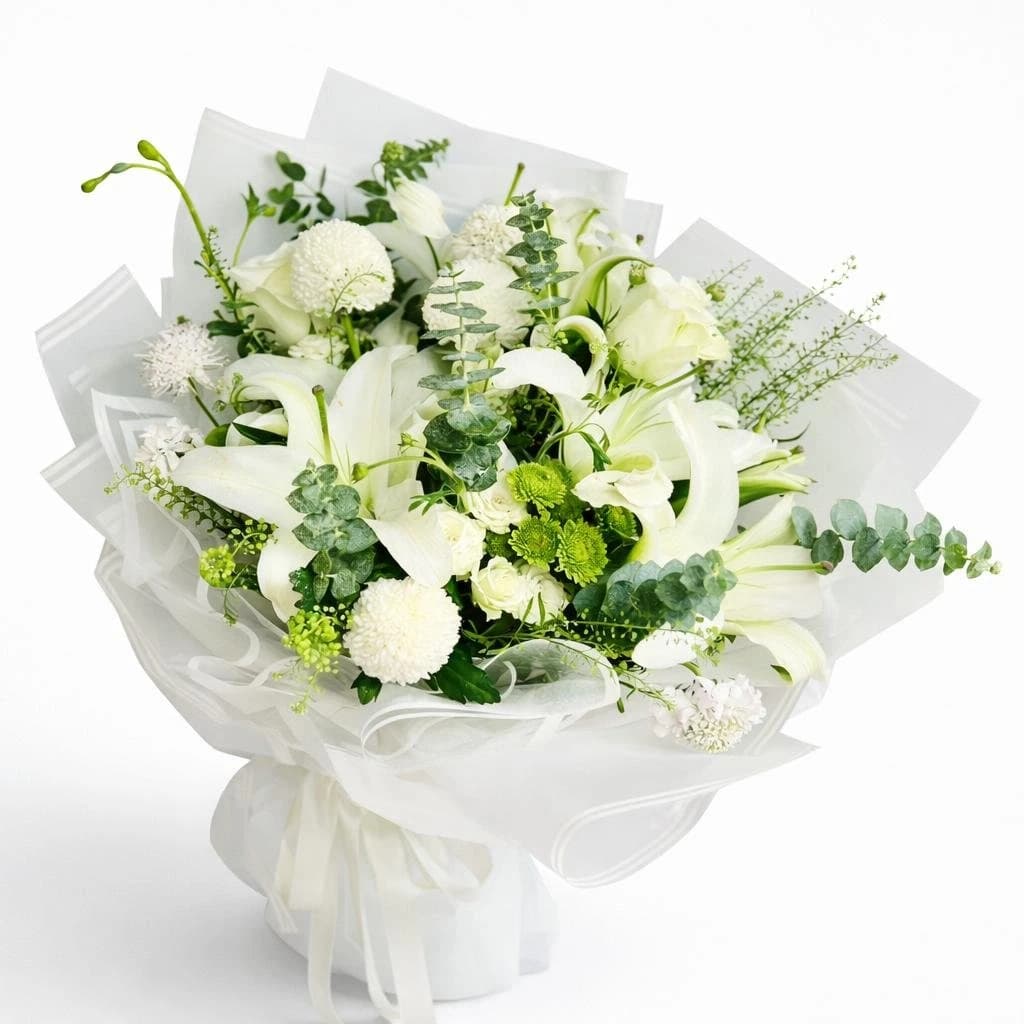 Elegant White Bouquet of Lilies with White lilies, white roses, white chrysanthemums, white carnations, eucalyptus, white