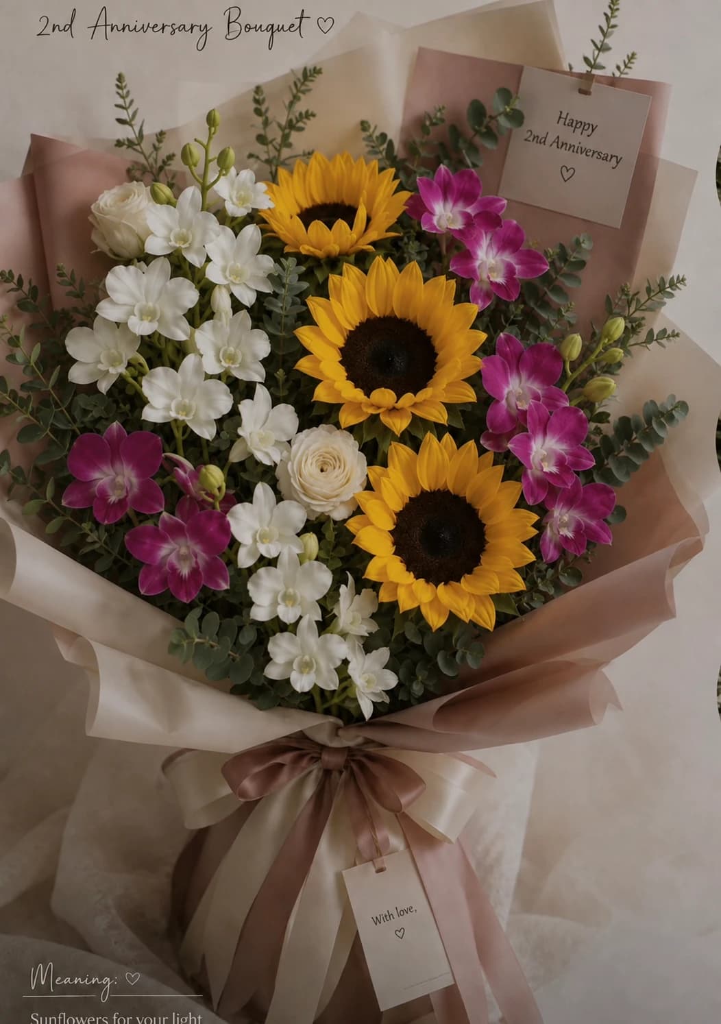 Elegant Anniversary Bouquet with Sunflowers, white orchids, pink orchids, ranunculus, wrapped in paper with ribbon.
