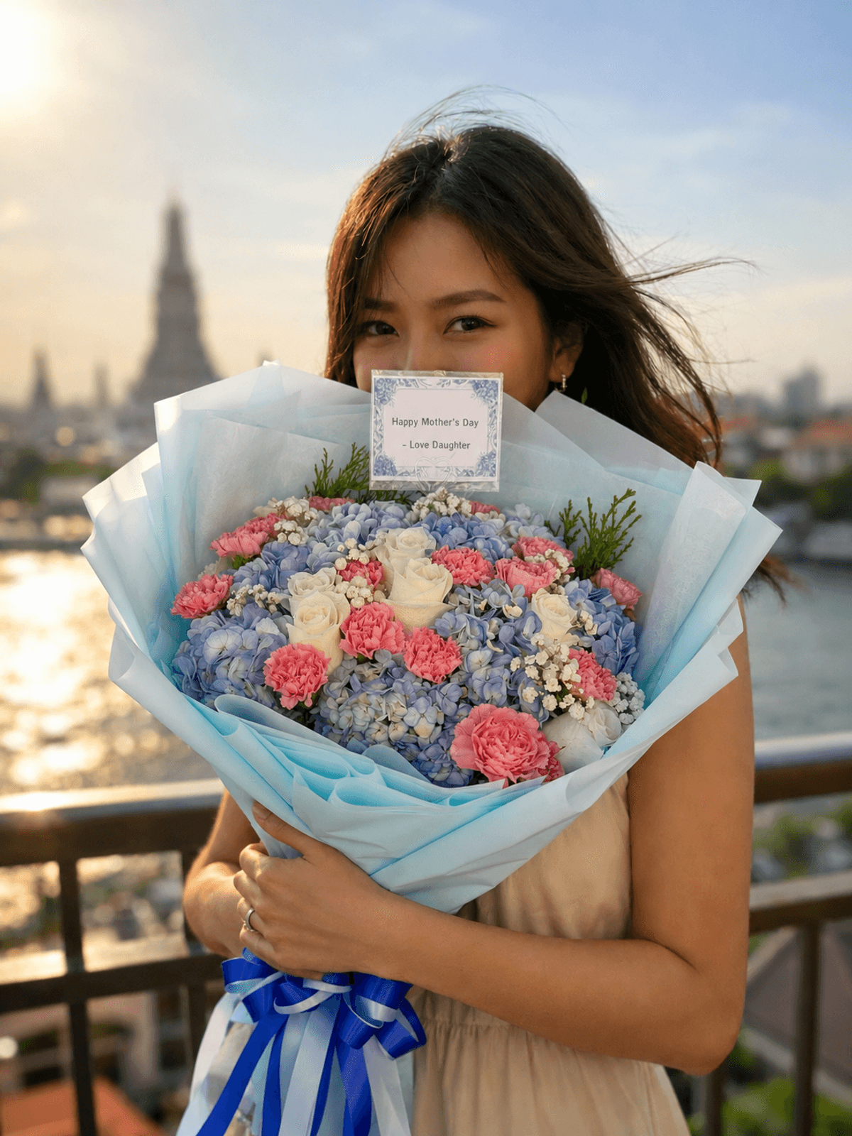 Woman with bouquet of flowers