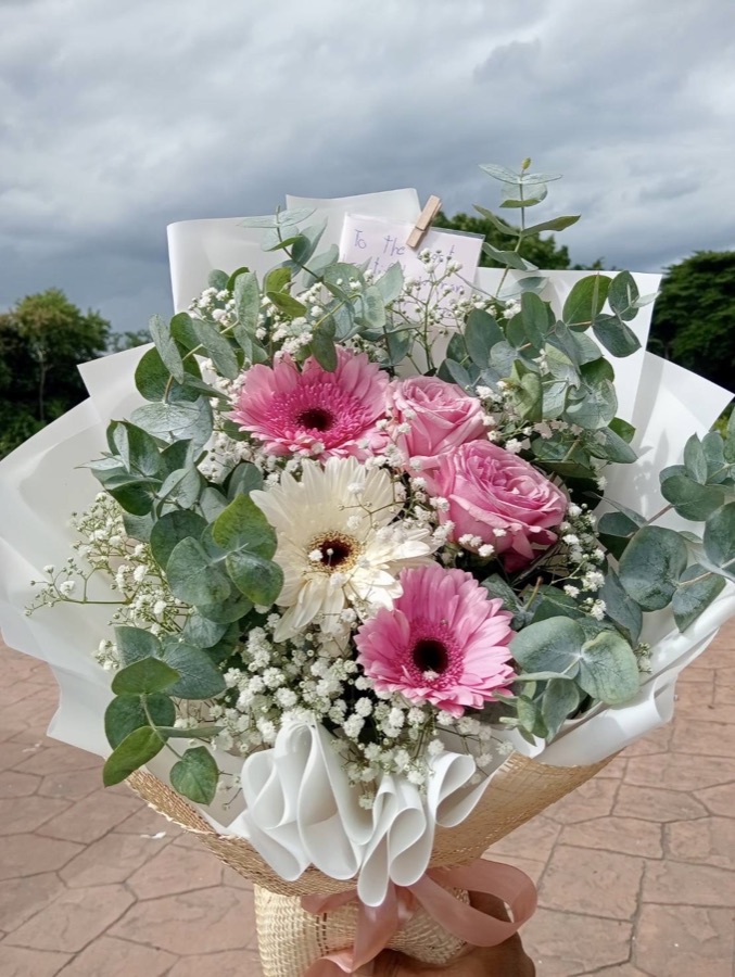 Pink and cream mixed flower bouquet with gerberas and soft filler blooms for Tuesday gifts